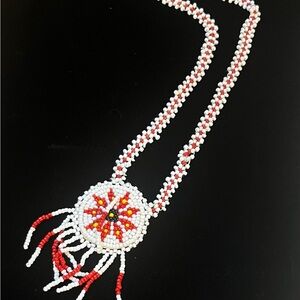 Beaded Necklace with Red and White Design